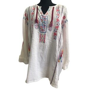 Tru Luxe Jeans Womens XL White Cotton Gauze Embroidered Boho Tassel Tunic Top